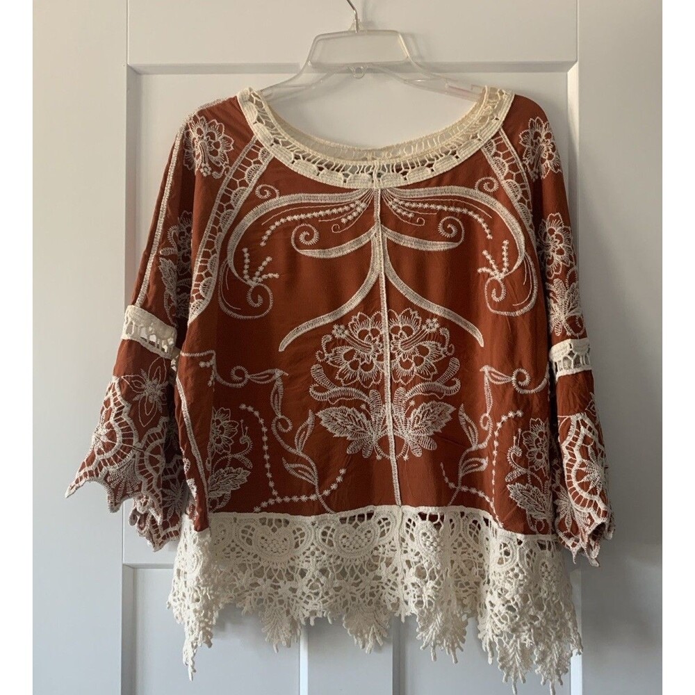 Ania A Brunt Orange Embroidered Boho Bell Sleeve Blouse Top Womens XL
